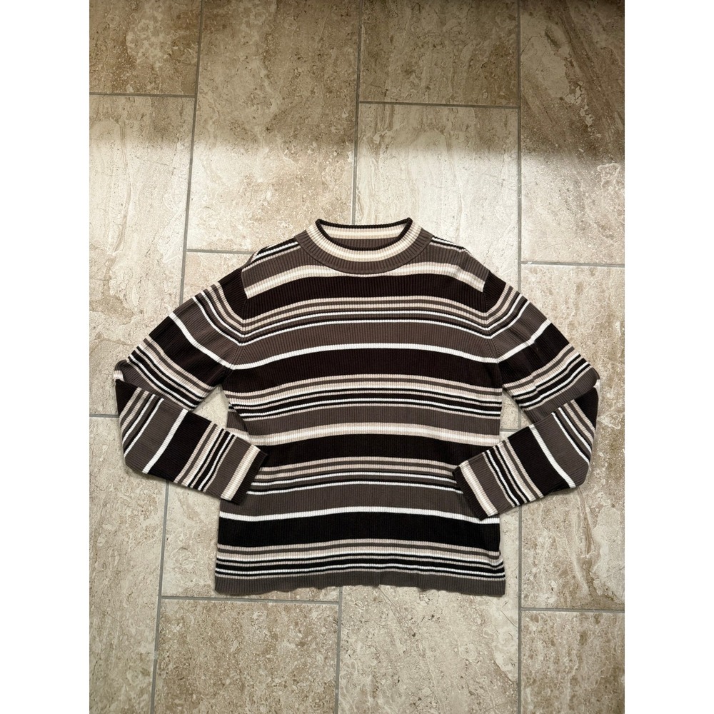 Karen Scott Womens Brown Striped Ribbed Cotton Mock Neck Sweater Large